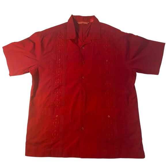Havanera Co Red Guayabera Style Cuban Shirt - Size Large 4 pocket - Picture 1 of 9